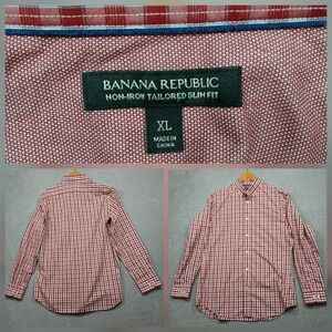 Banana Republic Slim Fit Shirt Men's XL Red White Gingham Non-Iron Cotton